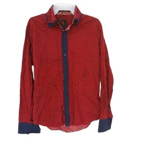 Yves Enzo Dark Red Navy Blue Striped Long Sleeve Men Dress Shirt Large Slim Fit